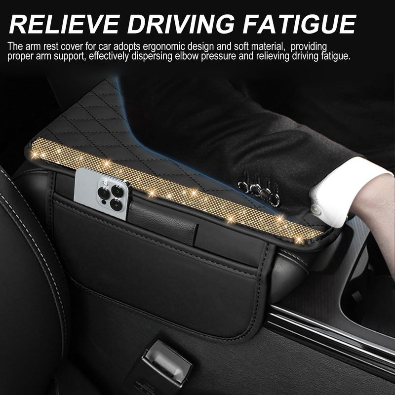 NBTEPEM Bling Car Center Console Cover, Leather Car Arm Rest Cover Cushion with 2 Storage Bags, Universal Automotive Armrest Protector Storage Box, Bling Accessories Interior for Most Vehicles (Gold) - Image 4